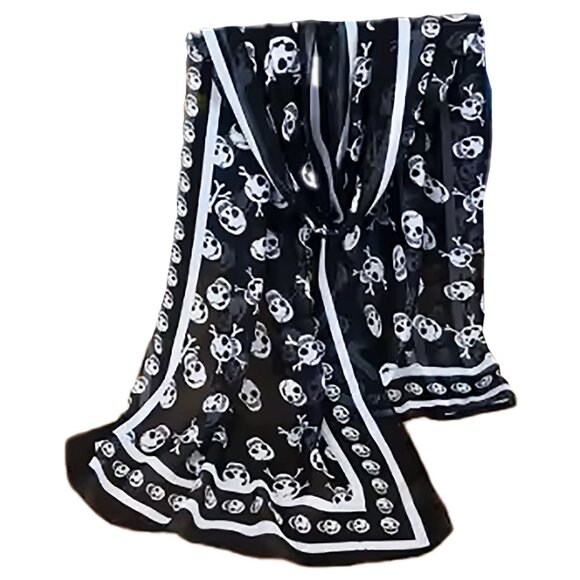 Mazeology Accessories - NEW Soft Silky Poly Chiffon B/W Long Scarf w/Skull & Stripe Border 19” W…